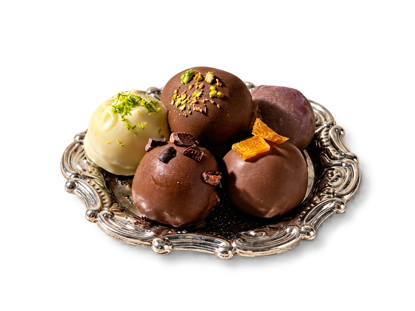 Trufas Anaya sobre bandeja plateada